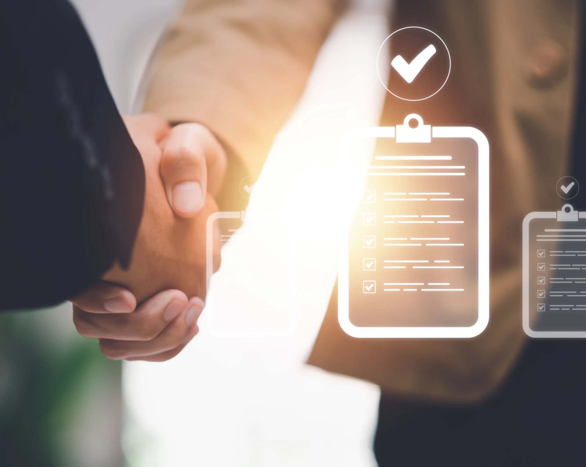 Handshake with digital checklists and checkmark.